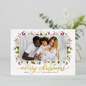 Carte De Vœux En Aluminium Joyeux Noël Or Élégant Script Verdure Photo (Debout devant)