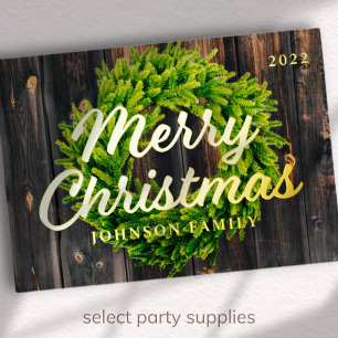 Carte De Vœux En Aluminium Joyeux Noël Pays Rustique Couronne de pin en bois