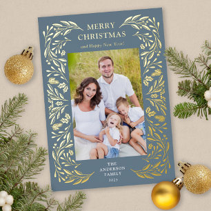 Carte De Vœux En Aluminium Joyeux Noël Photo de verdure hivernale en or