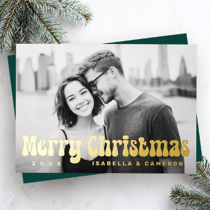 Carte De Vœux En Aluminium Joyeux Noël police rétro photo vert foncé