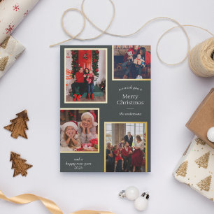 Carte De Vœux En Aluminium Joyeux Noël Quatre Photos Rayures Classiques Vert
