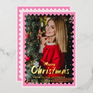 Carte De Vœux En Aluminium Joyeux Noël rose Wavy Frame Photo