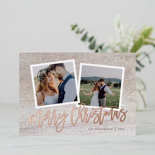 Carte De Vœux En Aluminium Joyeux Noël Rustique Script 2 Photo Gold (Debout devant)