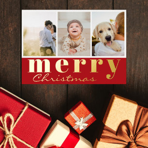 Carte De Vœux En Aluminium Joyeux Noël Trois Photo Collage Rouge Blanc