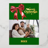 Carte De Vœux En Aluminium Joyeux Noël vert arc rouge rétro photo or (Recto)
