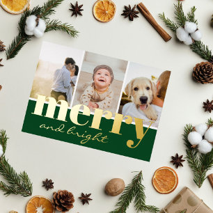 Carte De Vœux En Aluminium Joyeux Noël Vert Élégant Trois Photos Noël