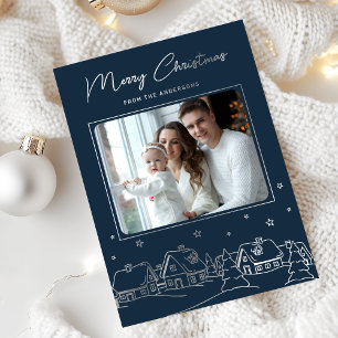 Carte De Vœux En Aluminium Joyeux Noël Village d'Hiver Dessiné à la Main