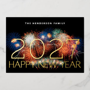 CARTE DE VŒUX EN ALUMINIUM JOYEUX NOUVEL AN 2027 PHOTO FEU D'ARTIFICE DORÉ FO