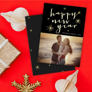 Carte De Vœux En Aluminium Joyeux Nouvel An Script moderne Gold Starburst Pho