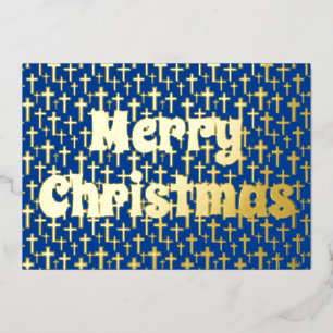 Carte De Vœux En Aluminium Joyeux or de Noël Jésus croix élégant bleu marine