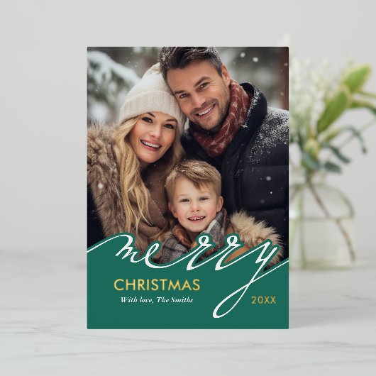 Carte De Vœux En Aluminium Joyeux script de Noël (Debout devant)