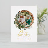 Carte De Vœux En Aluminium Joyeux script de Noël de feuillage moderne (Debout devant)