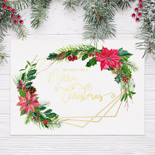 Carte De Vœux En Aluminium Joyeux Script de Noël Floral avec cadre doré