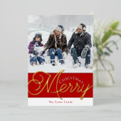 Carte De Vœux En Aluminium Joyeux script Red & Gold 2-Photo Noël (Debout devant)