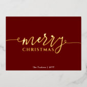 Carte De Vœux En Aluminium Joyeux script sur l'or de Noël rouge foncé (Recto)