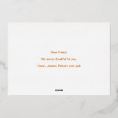 Carte De Vœux En Aluminium Joyeux Thanksgiving Écriture Élégante sur Photo Or (Verso)