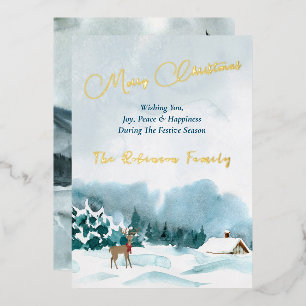 Carte De Vœux En Aluminium Joyeux Xmas Gold Lettres Aquarelle Hiver paysage