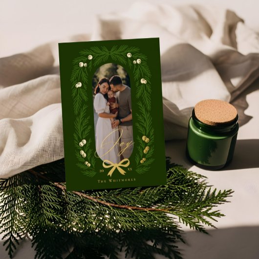 Carte De Vœux En Aluminium Joyful Elegant Winter Pine Tree Wreath Photo Frame