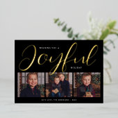 Carte De Vœux En Aluminium Joyful Modern Black and Gold Script Photo Collage (Debout devant)