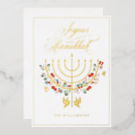 Carte De Vœux En Aluminium Joyous Hanoukka Festive Menorah Candle Photo<br><div class="desc">Joyous Hanoukka, envoyez vos souhaits Hanoukka à votre famille et à vos amis avec notre magnifique carte photo personnalisable. Notre design présente notre magnifique bougie menorah dessinée à la main en or faux rose décorée de beaux floraux festifs et de feuilles. Les colombes sont également intégrées dans ce magnifique design...</div>