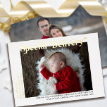 Carte De Vœux En Aluminium Livraison spéciale Nouveau bébé Photo de Noël Or<br><div class="desc">Livraison spéciale carte de Noël bébé faire-part avec photo simple et design typographique orné avec feuille d'or de luxe. Livraison spéciale est lettré dans la lettrage moderne contemporaine et le modèle photo est mis en place pour vous d'ajouter 2 photos. Vous pouvez également ajouter votre accueil de vacances personnalisé et...</div>