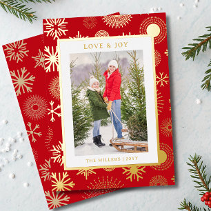 Carte De Vœux En Aluminium Love & Joy Christmas Photo Modern Gold Snowflake