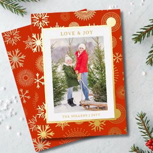 Carte De Vœux En Aluminium Love & Joy Christmas Photo Modern Gold Snowflake