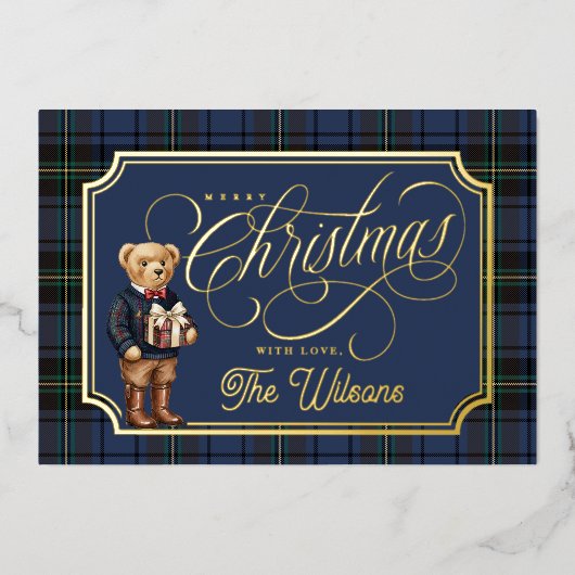 Carte De Vœux En Aluminium Luxe Preppy Plaid Christmas Teddy Bear Photo Card (Recto)