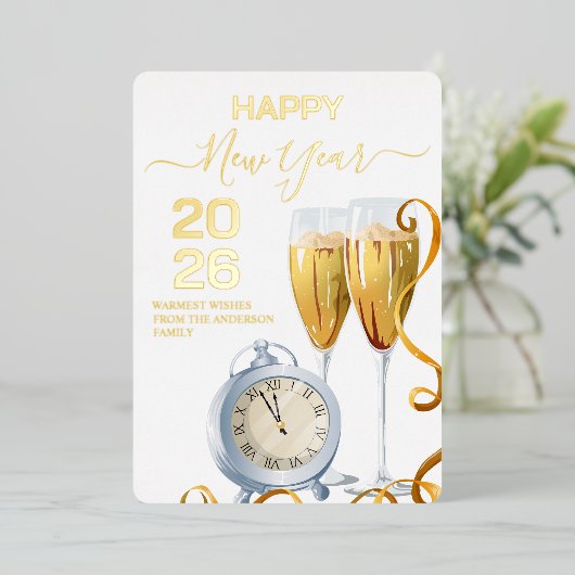 Carte De Vœux En Aluminium Luxurious New Year 2026 Champagne Countdown Clock (Debout devant)