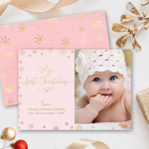 Carte De Vœux En Aluminium Ma première photo de bébé à Noël Rose Chic Or Véri