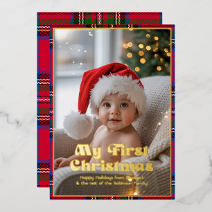 Carte De Vœux En Aluminium Ma première photo de bébé Noël Tartan à carreaux