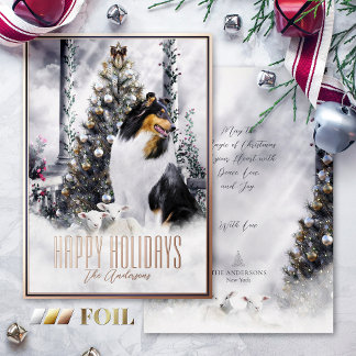 Carte De Vœux En Aluminium Magie de Noël, Tricolor Rough Collie & Lambs -