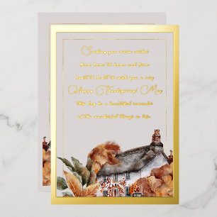 Carte De Vœux En Aluminium Maison de Campagne Élégante Feuilles d'Automne Or