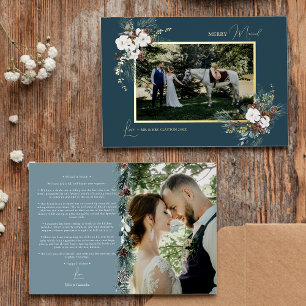 Carte De Vœux En Aluminium Mariage Vintage Fleurs Bleu Marine Photo Joyeux Ma