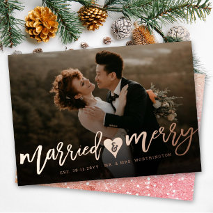 Carte De Vœux En Aluminium Marié & Joyeux Brush Script Photo Mariage moderne