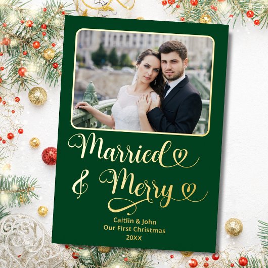 Carte De Vœux En Aluminium Marié Merry Newlyweds 1er Noël Coeurs verts