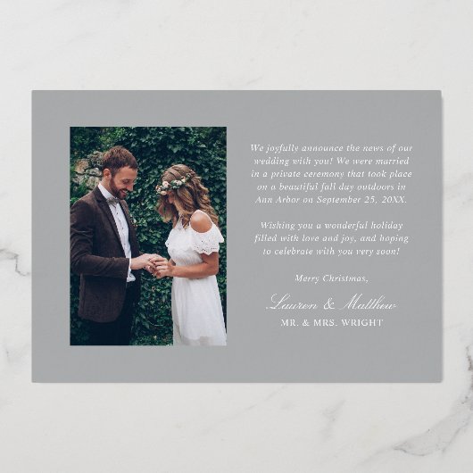 Carte De Vœux En Aluminium Marié Noël Elegant Silver Mariage Photo (Verso)