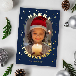 Carte De Vœux En Aluminium Marine Gold Stars Oblong Photo Joyeux Noël