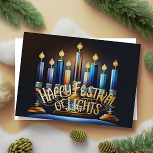 Carte De Vœux En Aluminium Menorah Festival des Lumières Bleu Dessin Abstrait