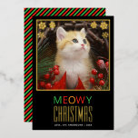 Carte De Vœux En Aluminium Meowny Christmas Cute Pet Cat Photo & Snowflakes<br><div class="desc">Une carte de Noël en papier peint pour les amoureux de les chats. Il a dans la partie supérieure une photo d'espace réservé d'un chaton gingembre mignon parmi les décorations de Noël rouge et vert. La photo est dans un cadre de feuille d'or, avec des flocons de neige dans les...</div>
