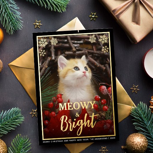 Carte De Vœux En Aluminium Meowy & Bright Cute Cat Photo & Snowflakes Animaux