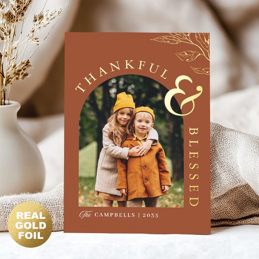 Carte De Vœux En Aluminium Merci et béni Thanksgiving Rustic Leaf Gold