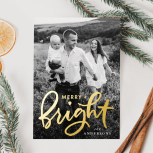 Carte De Vœux En Aluminium Merry and Bright Script Photo Or