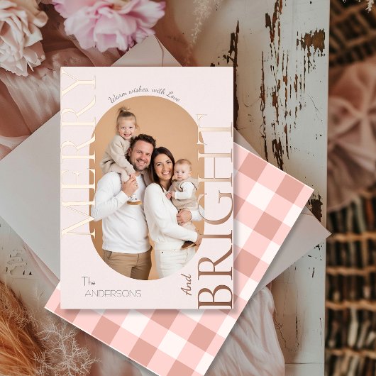 Carte De Vœux En Aluminium Merry & Bright Blush Rose Gold Script
