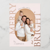 Carte De Vœux En Aluminium Merry & Bright Blush Rose Gold Script (Recto)