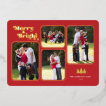 Carte De Vœux En Aluminium Merry & Bright Retro Gold Foil Photo Rouge Noël<br><div class="desc">Cette carte de Noël rétro présente le texte "Merry & Bright" qui apparaît dans une véritable feuille d'or amusante sur un arrière - plan rouge. Le design offre 4 cadres photo pour vos photos préférées. Photographie © Storytree Studios,  Stanford,  CA</div>