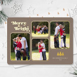 Carte De Vœux En Aluminium Merry & Bright Retro Photo Christmas Gold<br><div class="desc">Cette carte de Noël contient le texte "Merry & Bright" qui apparaît dans une amusante police rétro en feuille d'or sur un arrière - plan tan foncé. Le design offre 4 cadres photo pour vos photos préférées. Photographie © Storytree Studios,  Stanford,  CA</div>