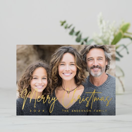 Carte De Vœux En Aluminium Merry Christmas modern script deep green photo (Debout devant)