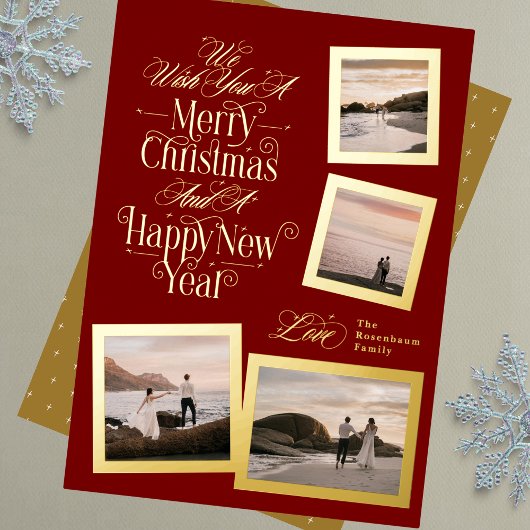Carte De Vœux En Aluminium merry christmas new year on red photo collage Flat