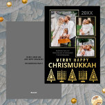 Carte De Vœux En Aluminium Merry Happy Chrismukkah Chic 3 Photo Gold<br><div class="desc">Des cartes de voeux personnalisées imprimées avec de la feuille d'or apportent une touche de luxe à vos envois de vacances. Facile à customiser, il suffit d'ajouter vos trois photos où elles se chevauchent légèrement avec des bordures dorées minces sur l'arrière - plan noir solide. Éditez l'année en haut et...</div>